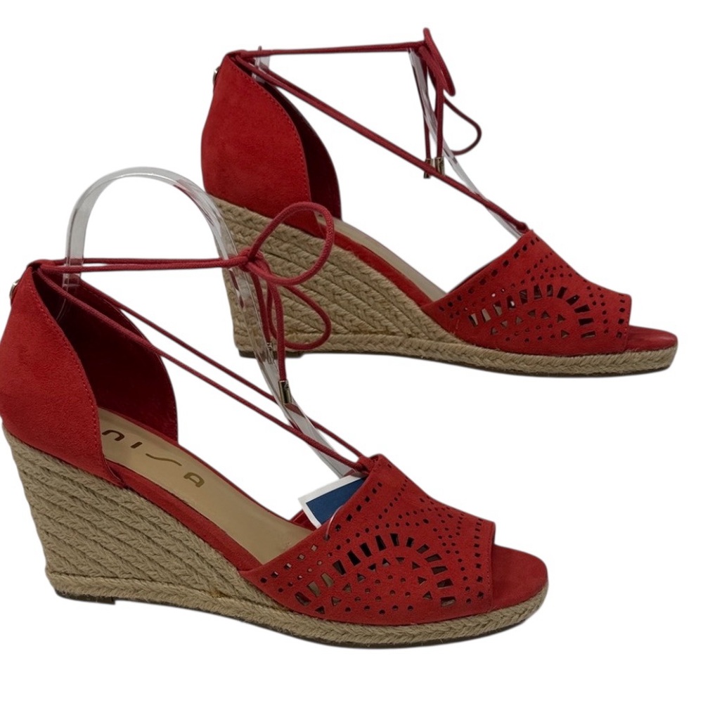 Unisa Faux Suede Orange/Red Wedge laser cut espadrille Sandals Size 9.5